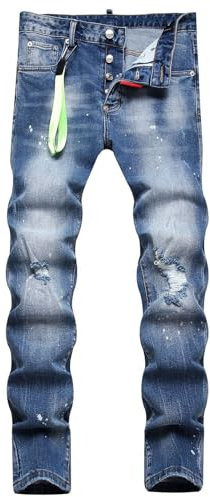 Jeans Uomo Jeans Uomo Slim Fit Strappati In Denim Stretch - Pantaloni Casual Con Design a Spruzzo Di Inchiostro, Stile Streetwear Y2k Salopette Uomo Jeans Pantaloni Baggy Uomo Jeans Strappati (Blu, L)