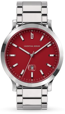 Lilienthal Berlin Herrenuhr Huxley in Crimson Red – Armbanduhr am Silber glänzenden Edelstahl-Armband – aus 316L Chirurgenstahl mit einem Quarzuhrwerk & saphirgehärtetem Mineralglas – 40 mm