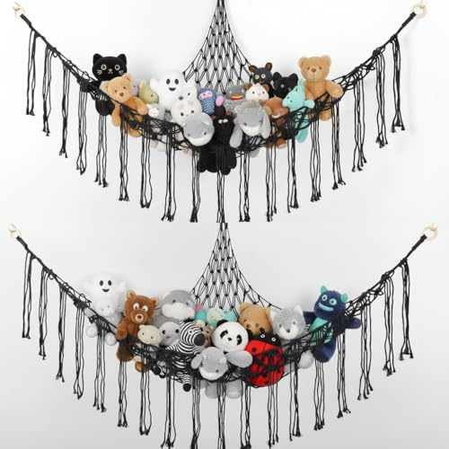Kuscheltier Aufbewahrung Netz, 2er Set Boho Stofftier Hängematte aus Baumwolle für Ecke, Platzsparender Spielzeug Organizer für Kinderzimmer, Handgewebtes Aufbewahrungsnetz mit Haken(Schwarz)