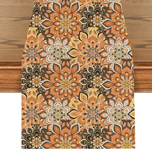 Mandala Tischläufer, Boho Style Vintage Leinen Tischdecke, Waschbar Bunt Tischband, Küche Dekoration Drinnen Urlaub Party Tischdeko für Hochzeit Bankett Geburtstag Restaurant, Braun 40 x 140 cm