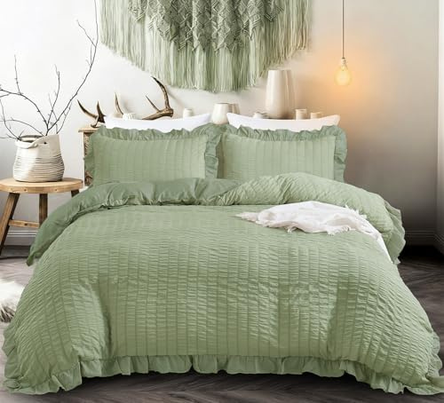 Double Green Duvet Cover Set White 3 Pieces Seersucker Duvet Cover Ruffle Bedding Set,Soft Microfiber,2 Pillowcases and Zipper Closure,Double Size 200×200 cm
