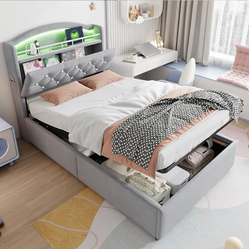 Gxffipw Hydraulisches Polsterbett Kinderbett 90x200 cm mit LED Licht und USB-Type-C, Einzelbett Bett mit Stauraum und Kopfteil, Stauraumbett Bettrahmen mit Lattenrost, Samt, Grau, Ohne Matratze