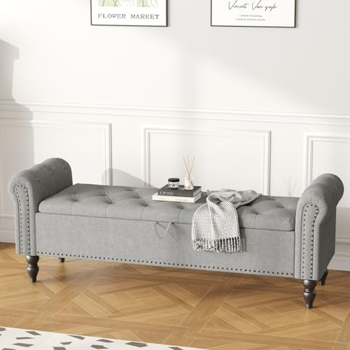 Ckaff Banc Bout de lit Banquette, Coffre de Rangement Ottomane Repose-Pieds Rembourré Pouf Pliable Banc de Chaussures 160 x 45 x 53 cm, Repose-Pieds pour Entrée Salon Chambre à Coucher, Lin, Gris