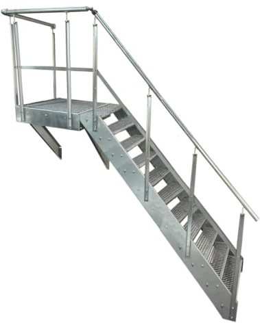 Podesttreppe Stahltreppe 11 Stufen Höhe 209 cm inklusive Podest 100x100cm mit oder ohne Geländer komplett verzinkt/Treppe Wählbar: Links/Rechts oder Front (Treppe Rechts)