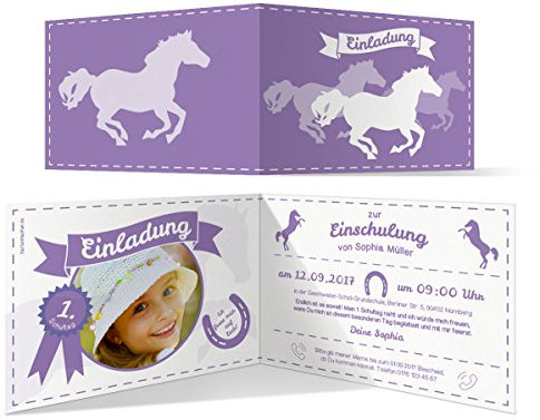 Einschulung Einladungskarten 1. Schultag (20 Stück) Pferde Foto Klappkarten Faltkarten