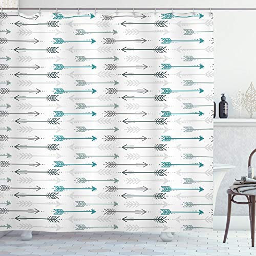 ABAKUHAUS Retro Duschvorhang, Pfeil-Muster Horizontal, Stoffliches Gewebe Badezimmerdekorationsset mit Haken, 175 x 200 cm, Grau Teal weiß