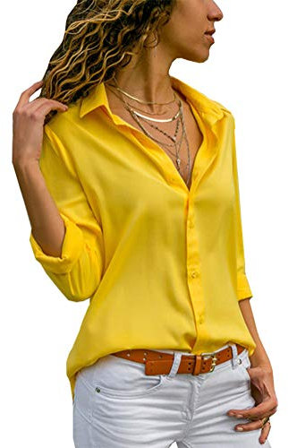 Blusa Donna con Collo V Maglietta Maniche Lunghe Casual Tinta Unita Chiffon Sexy Ufficio Camicetta Elegante Top T Shirt Primavera E Autunno Giallo IT 44