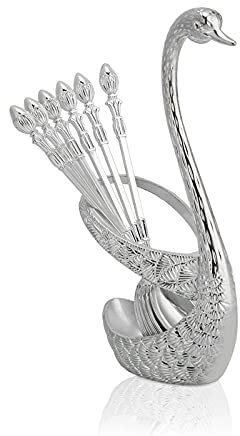 Coffee Spoon Holder,Stainless Steel Coffee Dessert Spoon Set,Decorative Swan Base Holder Spoon Organizer with 6PCS Coffee Dessert Sugar Ice Cream Spoon (Silver) for Coffee, Fruit,Dessert,Stirring