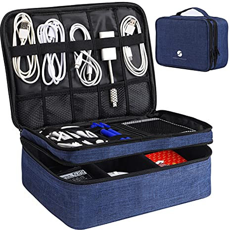 Reise-Elektronik-Organizer, wasserdichte Kabel-Organizer-Tasche für elektronisches Zubehör, doppellagig, groß, stoßfest für Kabel, Powerbank, Tablet (bis zu iPad 11 Zoll)) – Königsblau