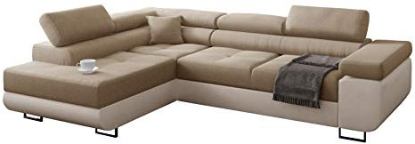 Ecksofa Miami mit Schlaffunktion, Eckcouch mit Bettkasten, L Form Couch, Ecksofa mit Bettkasten, Sofagarnitur mit Schalffunktion, Ottomane Links (Cremig + Cremiger Kunstleder - EKO)