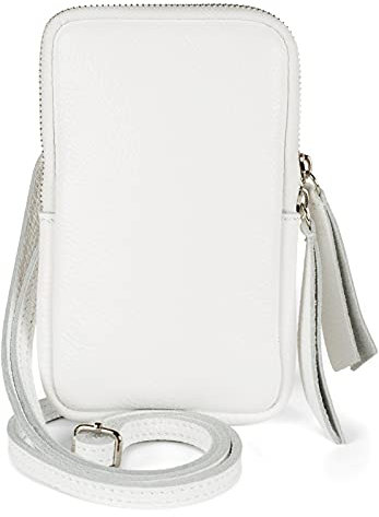 styleBREAKER Damen Leder Handy Umhängetasche mit genarbter Oberfläche, Reißverschluss, Echtleder Mini Bag 02012374, Farbe:Weiß