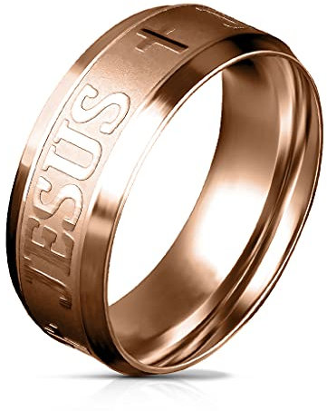 BlackAmazement 316L Edelstahl Ring Jesus und Kreuz Stufenkante Comfort Fit silber rose gold schwarz Herren Damen (Rosegold, 57 (18.1))