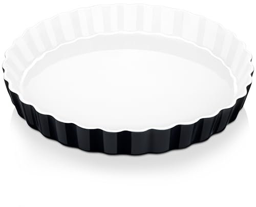 LOVECASA Auflaufform rund, Tarteform aus porzellan, runde Quicheform Kuchenform, 27,5 x 27,5 x 3,8 cm, 1100 ml, VCP-BK033, Schwarz