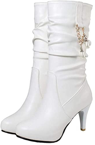 Minetom Stivali Donna Alti PU Decorazione di Perle Stivali Tacco A Spillo Scarpe Autunno Invernali Pelle Scamosciata Stivali A Bianco 34 EU