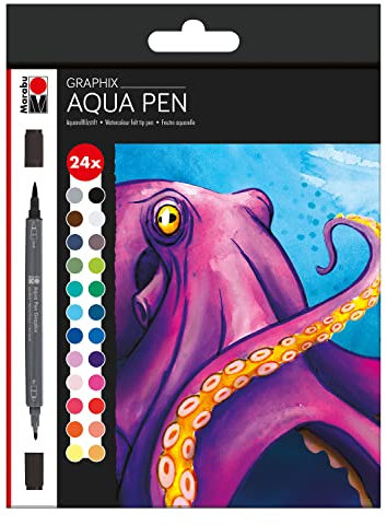 Marabu 0145000000106 - Aqua Pen Graphix, Octopy, 24 Aquarell-Filzstifte im Set mit brillanter Farbe, wasserbasierte Tusche, Doppelspitze, aquarellierbar auf Aquarell-Papier