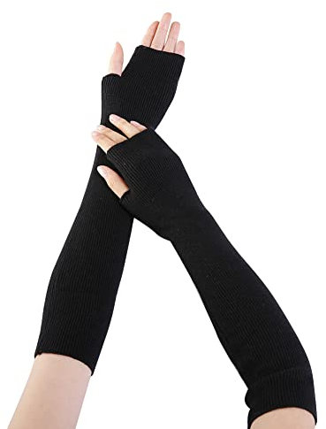 Herbests Gestrickte Fingerlose Handschuhe Damen Armstulpen Kaschmir Pulswärmer Feinstrick Lange Handwärmer Stulpen Elastische Daumenloch Armwärmer Halbfinger Handstulpen Winterwärmer Armhülse Schwarz