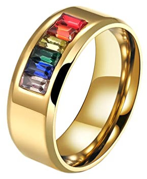 HIJONES Herren Damen Edelstahl LGBT Pride Flag Ring mit Zirkonia Regenbogen Ehering Ringe Gold Größe 65