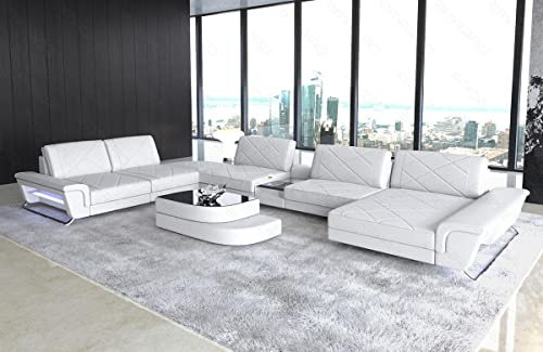 XXL Sofa Wohnlandschaft Bari in Leder Sofa mit USB-Anschluss Kopfstützen LED-Licht Ledersofa Designersofa Couch (Ottomane rechts (auf Sofa blickend), Weiss)