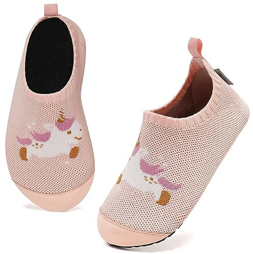 Kyopp Hausschuhe Kinder Junge Mädchen Pantoffeln Atmungsaktive Rutschfest Weich Barfussschuhe für Lauflernschuhe Kleinkinder Schuhe Kindergarten Unisex (Rosa Einhorn 22/23EU)