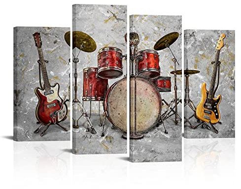Derkymo Vintage Musik Leinwand Wandkunst Trommel Gitarre Bild Malerei Drucke für Musik Studio Musik Bar Dekoration