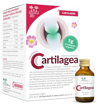 CARTILAGEA Salugea - Integratore 100% Naturale per il Benessere delle Cartilagini - con Collagene idrolizzato, Glucosamina, Condroitina, Rosa Canina (Vit. C), Manganese, Rame e Selenio - 18 flaconcini