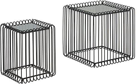 KADIMA DESIGN 2er Set Beistelltisch Glas Metall Schwarz | Moderne Design Satztische Eckig | Wohnzimmertisch Couchtisch Quadratisch | Abnehmbare Tischplatte | Sofatisch 2-teilig | Korbtisch