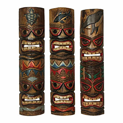 Zeckos Set mit 3 handgeschnitzten braunen Holz-Tiki-Masken, Ozean-Tier-Totem-Wanddekoration, Skulpturen – 61 cm hoch – handgefertigt – verschönern Sie Ihre tropische Oase