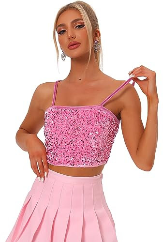 Allegra K Femme Velours Spaghetti Strap Paillettes Paillettes Camisole Crop Cami Top Rose Clair S