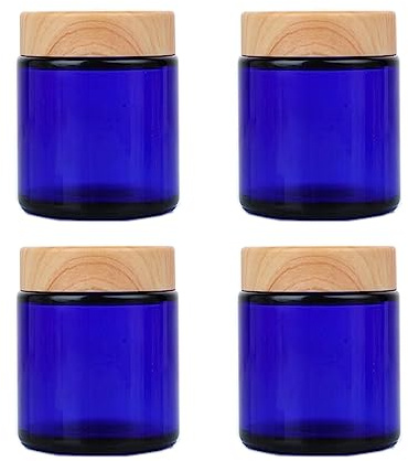 Lot de 4 pots ronds en verre bleu de 100 g avec couvercles en grain de bois, vides rechargeables pour lotion, crème, pommades, maquillage, fard à paupières, crèmes, échantillons, pot, rangement de