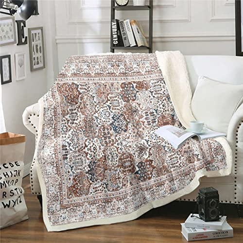 Orientalische Wurf Decke für Couch Vintage Vlies Decke, Persische Floral Sherpa Decke 229x229cm Boho Tribal Decke Traditionelle Ästhetische Bett Decke, Hippie Paisley Mandala Dekor Braun