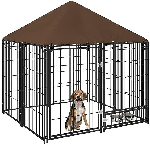 PawHut Chenil extérieur pour Chiens en métal et Tissu Oxford avec Support gamelle et Toit résistant aux intempéries Espace spacieux 141 x 141 x 151 cm Noir