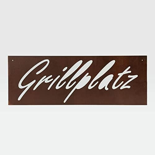 Schild - Grillplatz - Edelrost 60x21 cm Metallschild BBQ Zeichen Grillen Kunst Wand-Dekor Wanddekoration Einweihungsgeschenk Grillparty Wandschild, Metall Blechschild Wandbehang Barbecue