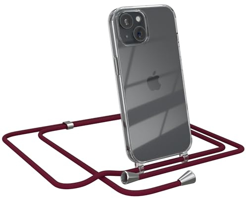 EAZY CASE Handykette kompatibel mit iPhone 15 Handyhülle mit Umhängeband, Handykordel mit Schutzhülle, Silikonhülle, Hülle mit Band, Stylische Kette für Smartphones, Burgunder Rot
