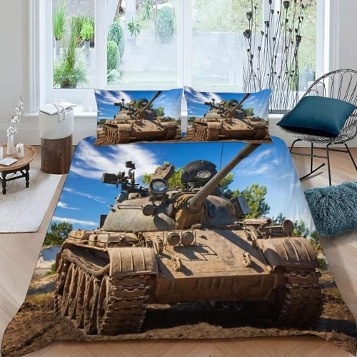 RCKLCY 135x200 cm 3D Kreative Panzer Bettbezug Set 3 Teilig Bettwäsche Bettbezüge Tank-Aufdruck Mikrofaser Bettbezug 135x200 mit Reißverschluss und 2 Kissenbezug 80x80 cm