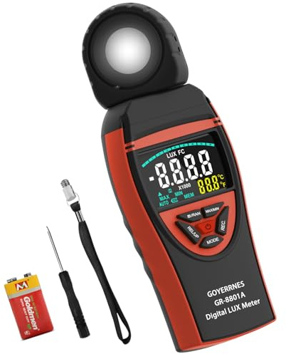 GOYERRNES Misuratore di luce di illuminazione, digitale Lux Foot Candele Meter 0,1 ~ 400.000 Lux (0,1 ~ 40.000 FC) con rilevatore girevole a 270º, Luxmeter per interni ed esterni (retroilluminazione
