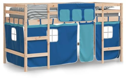 vidaXL Kinderhochbett, Hochbett mit Leiter Vorhängen, Spielbett Bett für Kinder ab 6 Jahren, Kinderbett Etagenbett Stockbett, Blau 90x200cm Massivholz Kiefer