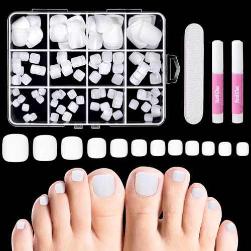 MELLIEX 120 Pièces Faux Ongles d'Orteil Faux Orteil Ongles Pieds Couverture Complète Capsule Tips Ongle Pied avec 2 Outils et 1 Limes à Ongles pour Manucure, 12 Tailles - Blanc
