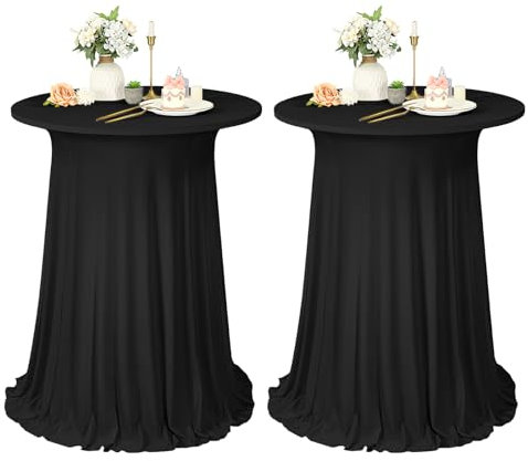 2er-Set schwarzer Stehtisch Hussen Stretch mit Rock, 80 x 110 cm,schmutzabweisend, knitterfrei, waschbar, runder Stretch-Cocktail-Tischrock aus Polyester für Hochzeiten, Partys,Restaurants,Bankette