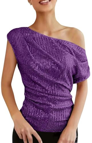 Top da donna con paillettes e paillettes asimmetriche con glitter, vestibilità slim, per feste, in raso, Lilla, S