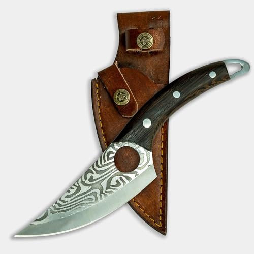 XE Couteau de Chef Fait à la Main en Acier Inoxydable à Haute Teneur en Carbone Avec Gaine en Cuir, Lame Pleine Soie, Manche Ergonomique en Bois Wengé Pour le Camping, le Barbecue, Cuisine, Viande