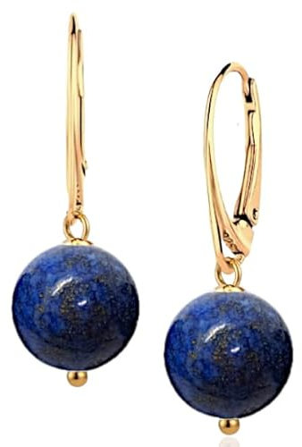 I.L.U.S Lapislazuli Ohrringe Gold mit Edelstein Blau Anhänger Ohrhänger-Kugelform Stein Kristall 12mm-Frauen Geschenk Schmuck Vergoldet-Hängeohrringe Blauer Stein