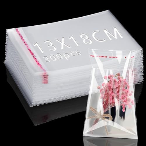 300 Stück Zellophantüten Klein Selbstklebend Plastiktüten 18x13cm Cellophantüten Transparent OPP Tütchen Tütchen Selbstklebend Flachbeutel Weihnachten Tüten für Keksen Süßigkeiten Nüssen Schmuck