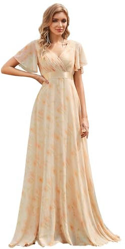Ever-Pretty Women's Double V-Neck Short Flutter Sleeves Empire Waist Elegant Chiffon Long Evening Dresses Golden Roses 22UK