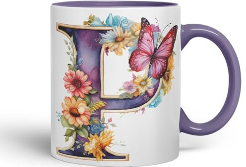 Vixar Letter P Mug, Floral Flowers Butterfly Alphabet Letter P Monogram Watercolour Ceramic Coloured Mug Cup for Tea Coffee Hot Brew 330ml 11Oz (Purple)