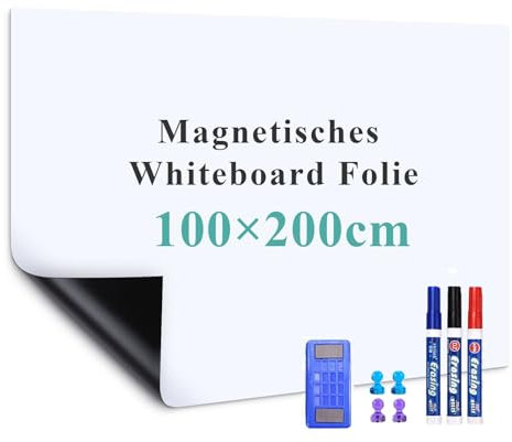 Warasee Whiteboard Magnetisch Folie, 100 * 200cm Magnettafel Selbstklebend, Magnetfolie Weiß Abwischbare, a3/a4 Leicht Zugeschnitten, für Startseite Schule, mit Markers & Whiteboard Schwamm & Magnetes