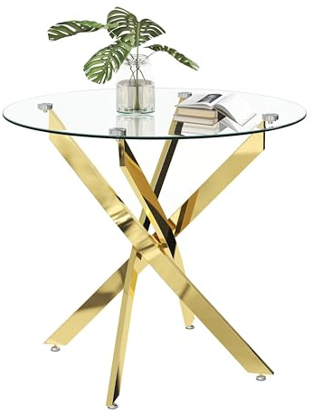 NIERN Runder Esstisch aus gehärtetem Glas für 2–4 Personen mit verchromten Beinen, 80 cm, moderner kleiner Küchentisch, Esszimmertisch für Küche, Esszimmer (Gold)