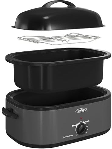 Royalcraft Roaster Oven with Self-Basting Lid, 18qt Electric Roaster with Removable Pan & Rack, Turkey Roaster Oven with Defrost & Warm Function, Stainless Steel, Grey