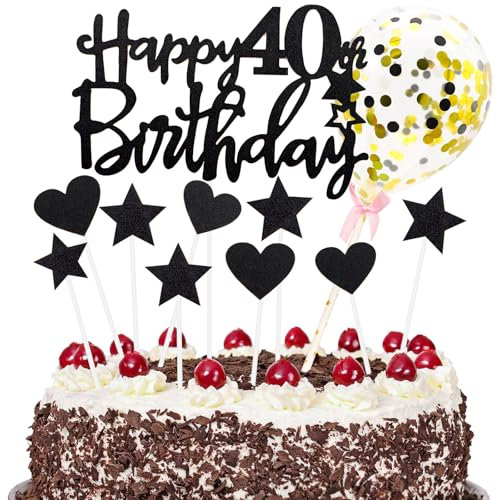 Tortendeko 40 Geburtstag Frau Mann, Schwarz Happy Birthday Cake Topper Geburtstag mit Konfetti Luftballon, Glitzer DIY Geburtstagskuchen Deko, Happy Birthday Kuchen Deko 40 Jahre Geburtstag