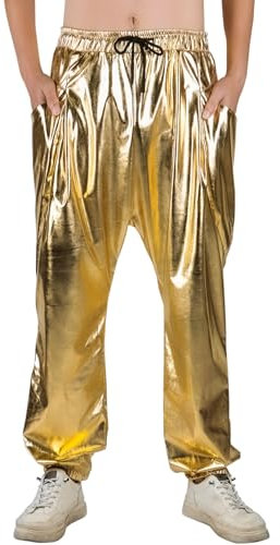 GENEMEN Mens Metallic Pants Elastic Bottoms Trousers Shiny 70s Disco Outfits Festival Party Fancy Dress Costume (Gold, L)