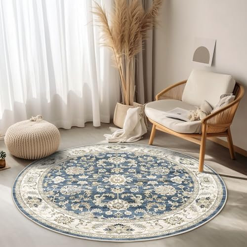 WITSHOCK Waschbarer Teppich Rund 120 cm: Vintage Boho Teppiche Schlafzimmer - Waschbarer Kurzflor-Runder Teppich mit Rutschfester Unterseite für Esszimmer & Sund Kinderzimmer (Blau)